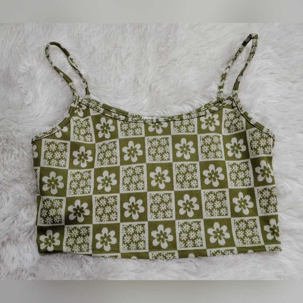 Love J Floral Print Cropped Tank Olive Green XL 🆕